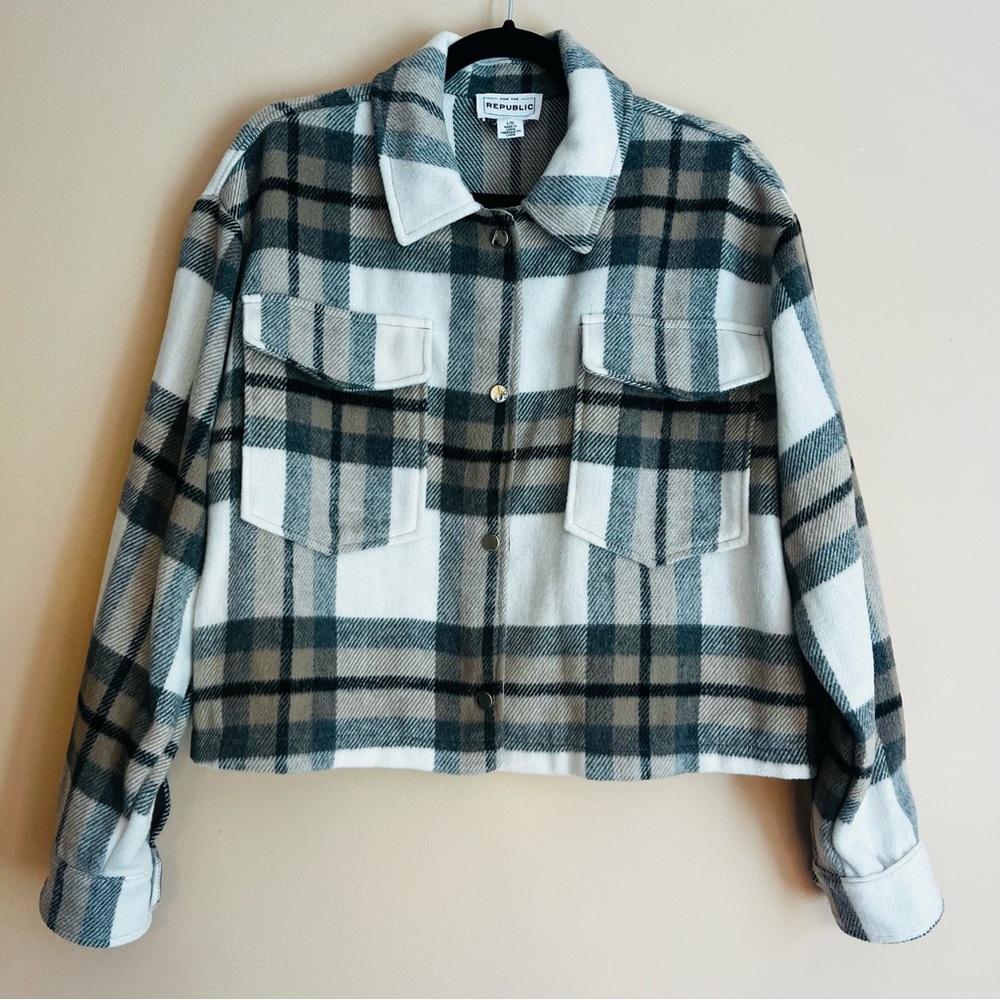For The Republic Plaid Shacket, Cropped, Gray, Tan, White, Fall Jacket, Flannel